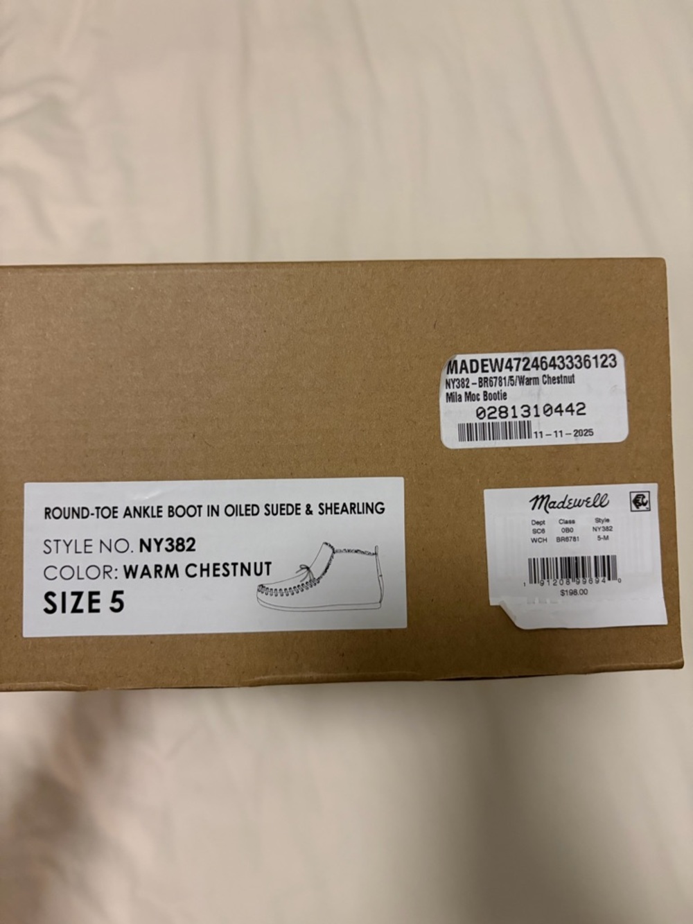 Madewell Warm Chestnut Suede Round-Toe Ankle Boot Box
